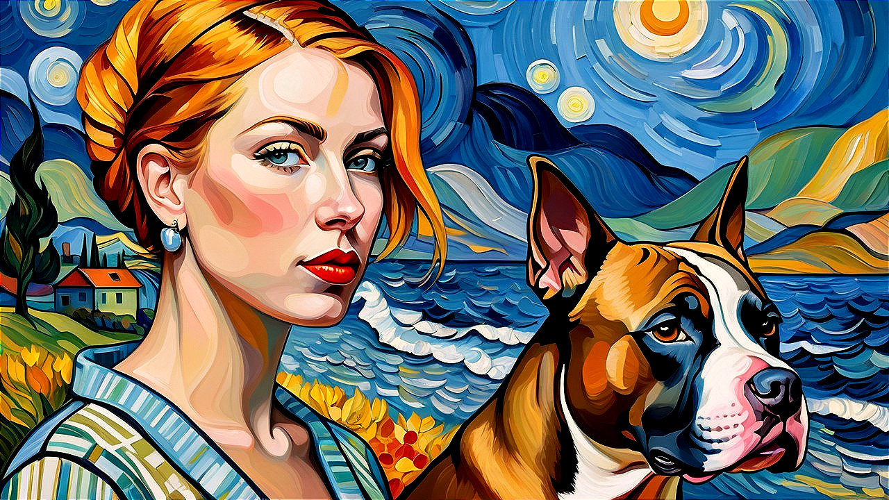 Woman with Red Hair by Water at Night with Dog