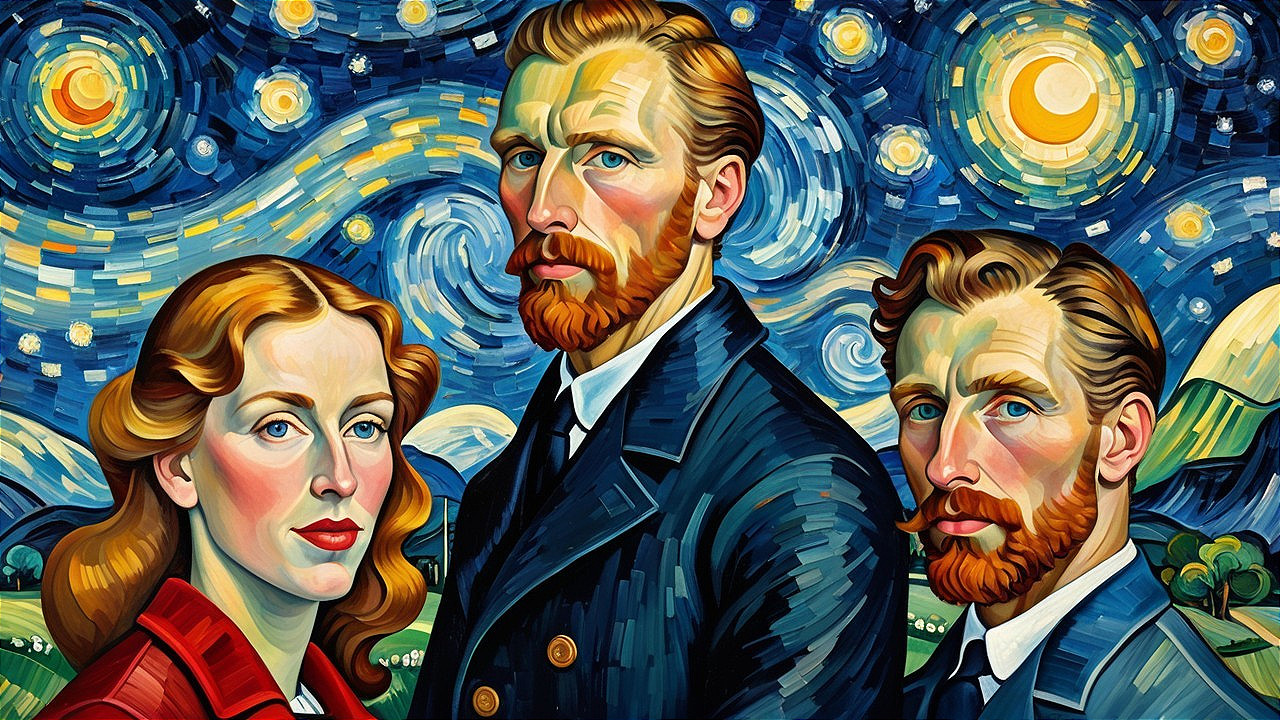 Vibrant Portrait of Three Figures in Night Sky