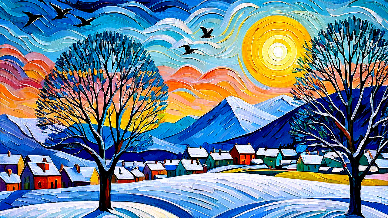 Vibrant Winter Landscape with Trees and Colorful Sky