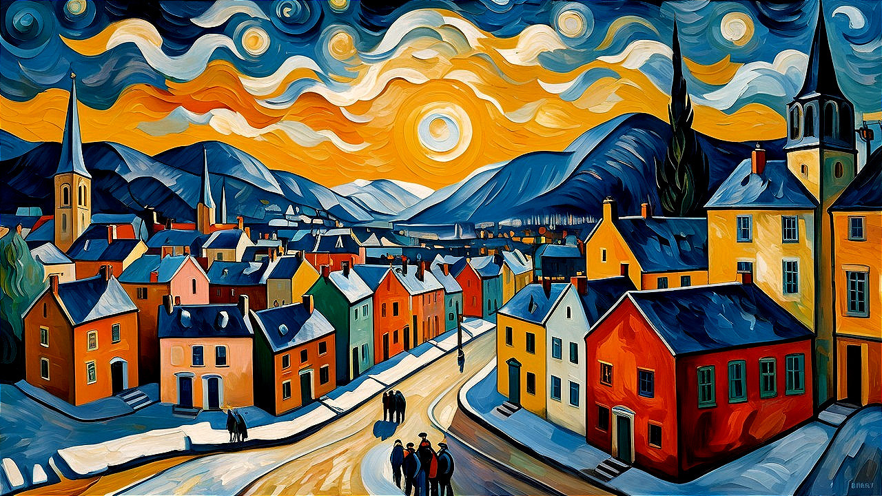 Post-Impressionist Painting of Snowy Village Landscape