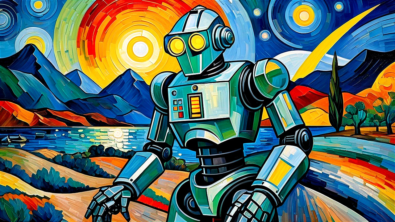 Retro Robot in Colorful Painterly Landscape Scene