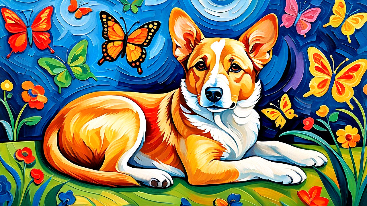 Corgi Resting in a Colorful Garden Scene