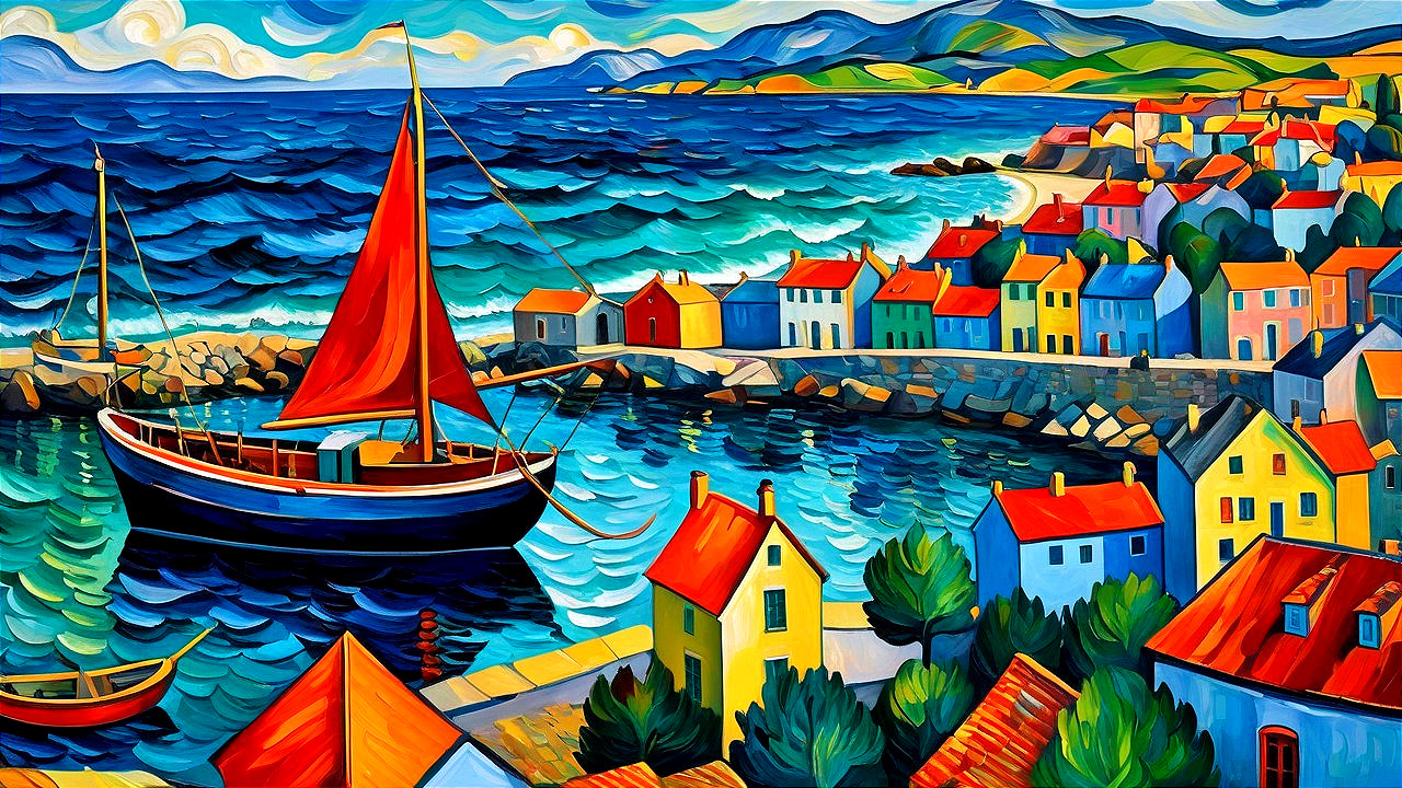 Vibrant Seaside Village with Colorful Houses and Boat