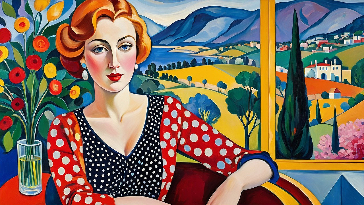 Stylized portrait of a woman with red hair and landscape