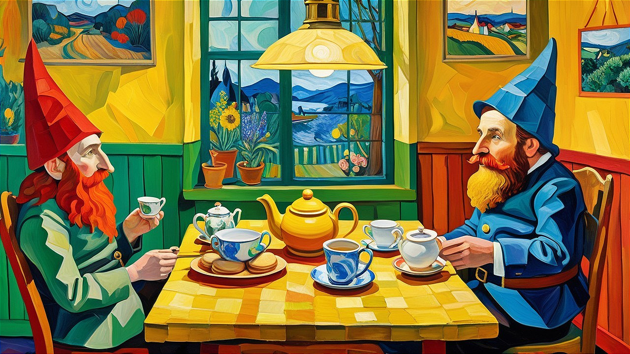 Gnomes at a Colorful Table in a Cozy Room