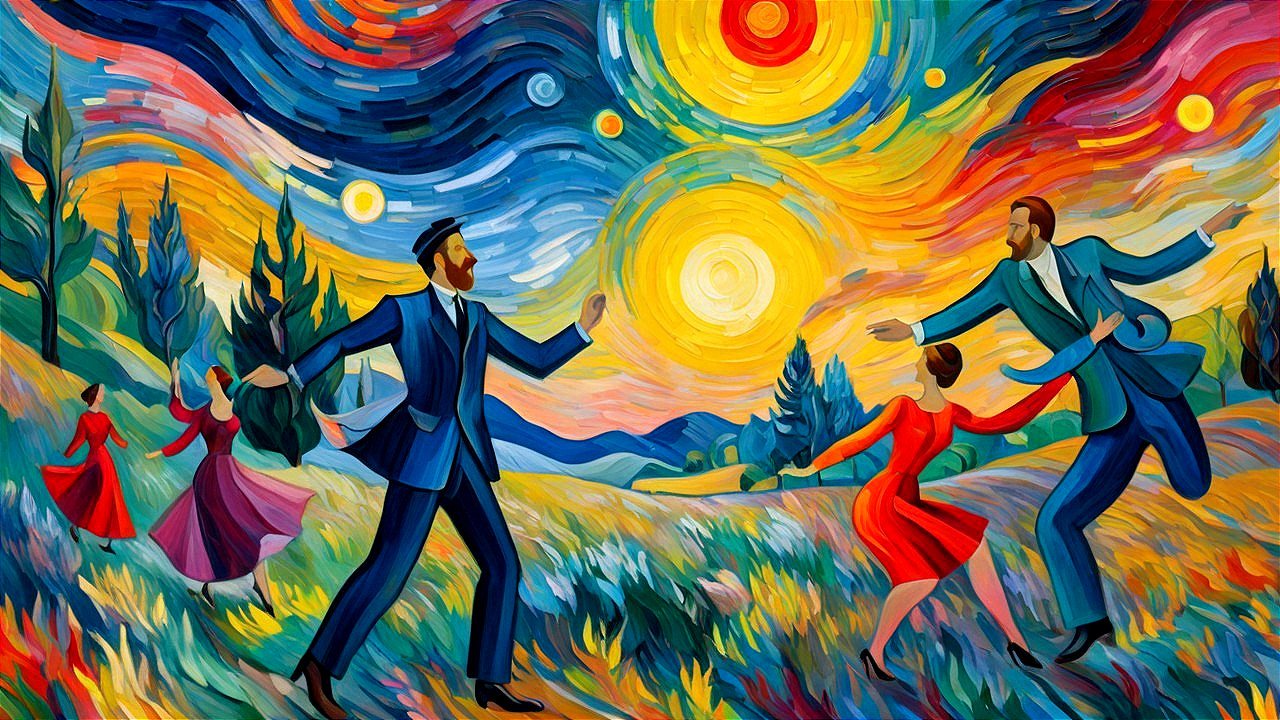 Vibrant Landscape with Dancers in Motion and Colorful Sky