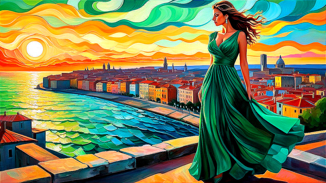 Woman in Green Dress Overlooking Sunset Coastal City