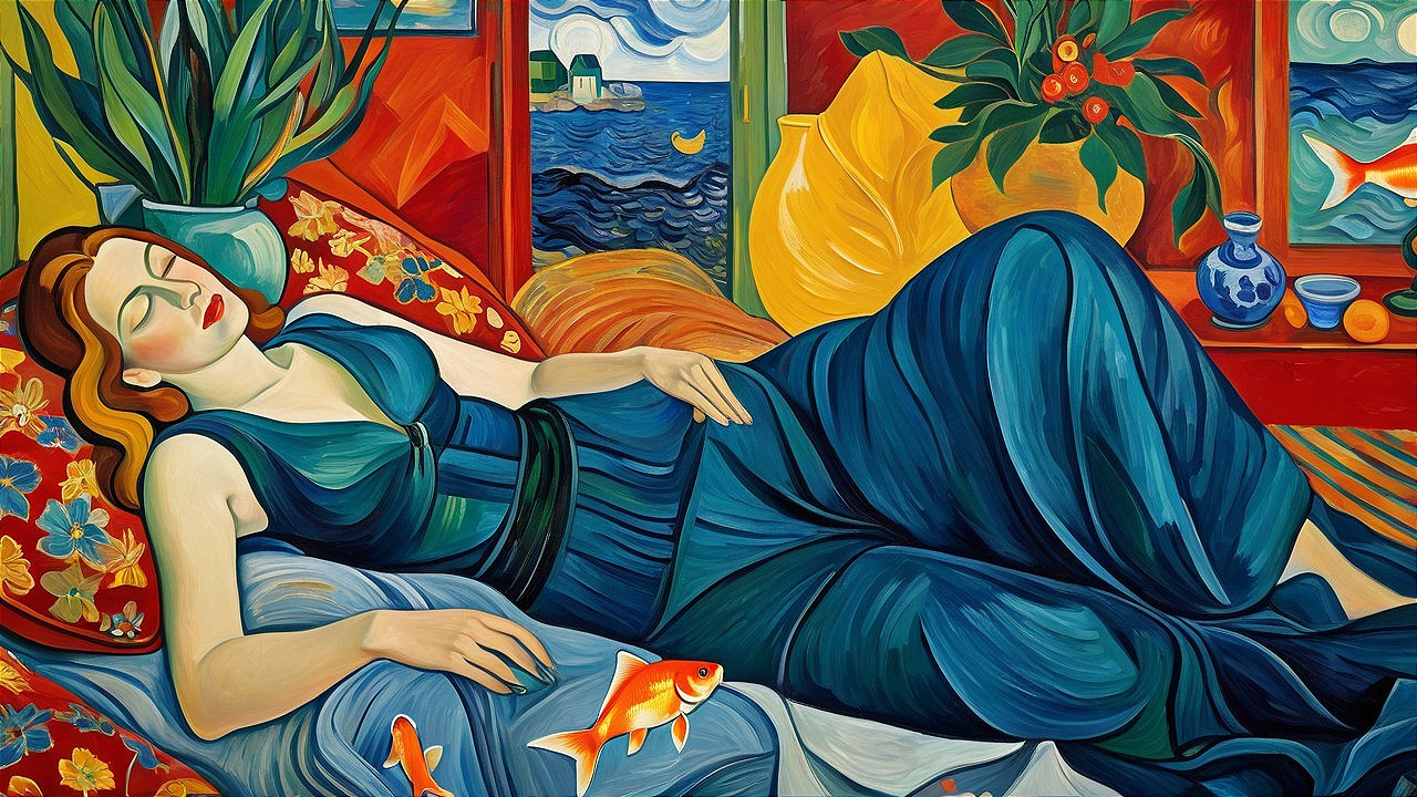 Serene Woman in Blue Dress on Floral Sofa