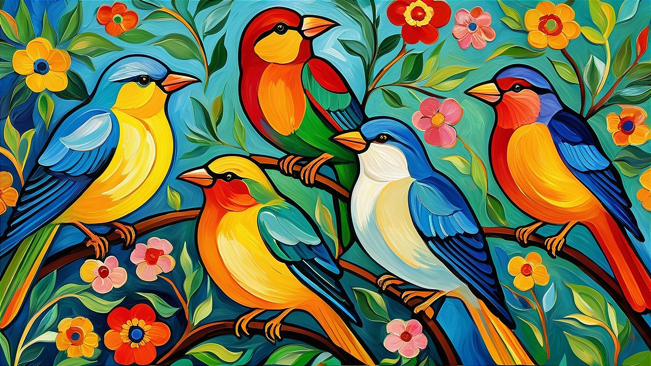 Colorful Illustration of Five Distinct Birds in Nature