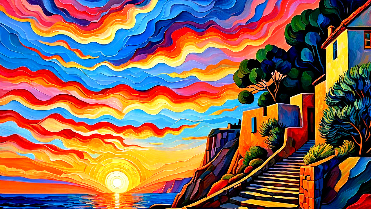 Vibrant Sunset Over Coastal Landscape with Calm Sea