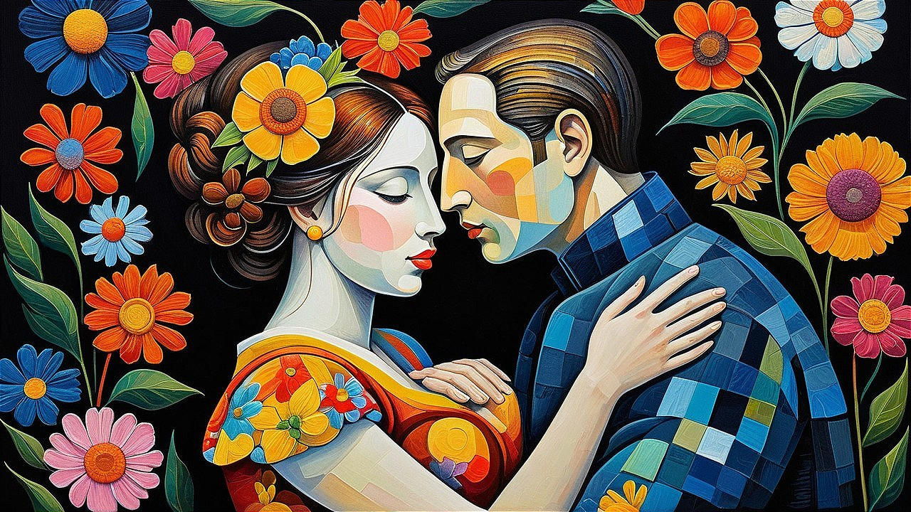 Colorful Painting of Embracing Couple with Flowers