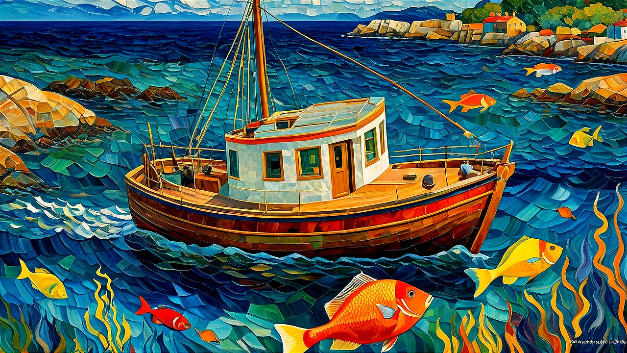 Vibrant Impressionistic Fishing Vessel in Colorful Waters