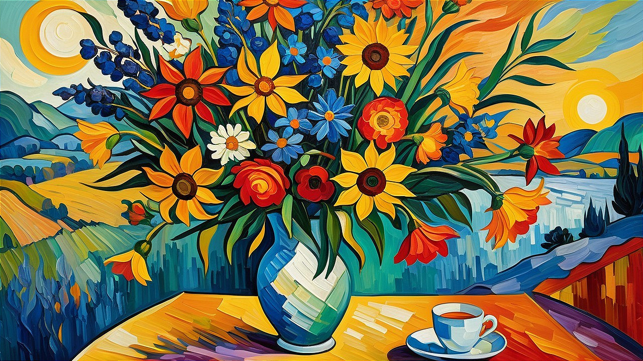 Vibrant Flower Bouquet in Textured Vase with Scenic View