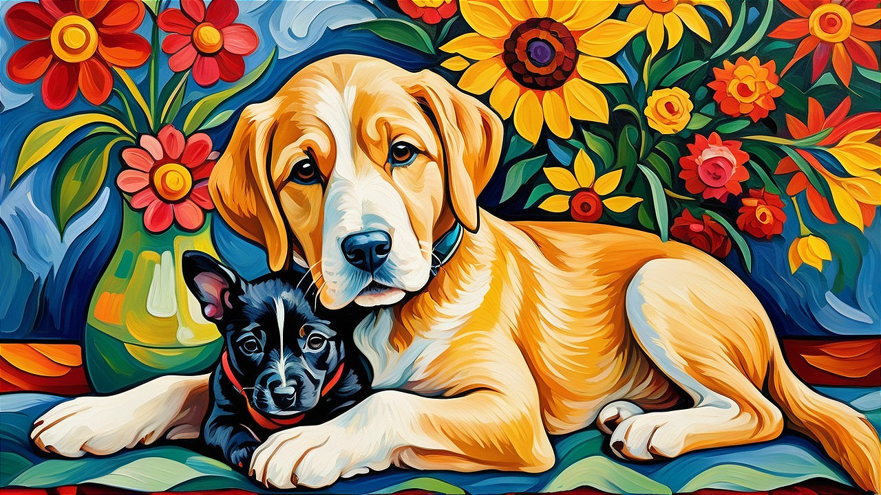 Colorful Painting of Dogs Among Bright Flowers