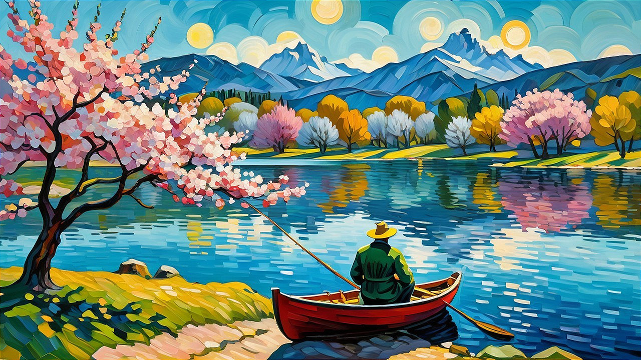 Lone Fisherman in a Red Boat on a Serene Lake