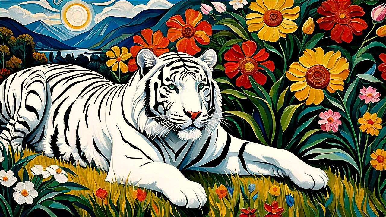 White Tiger Among Vibrant Flowers in Lush Landscape