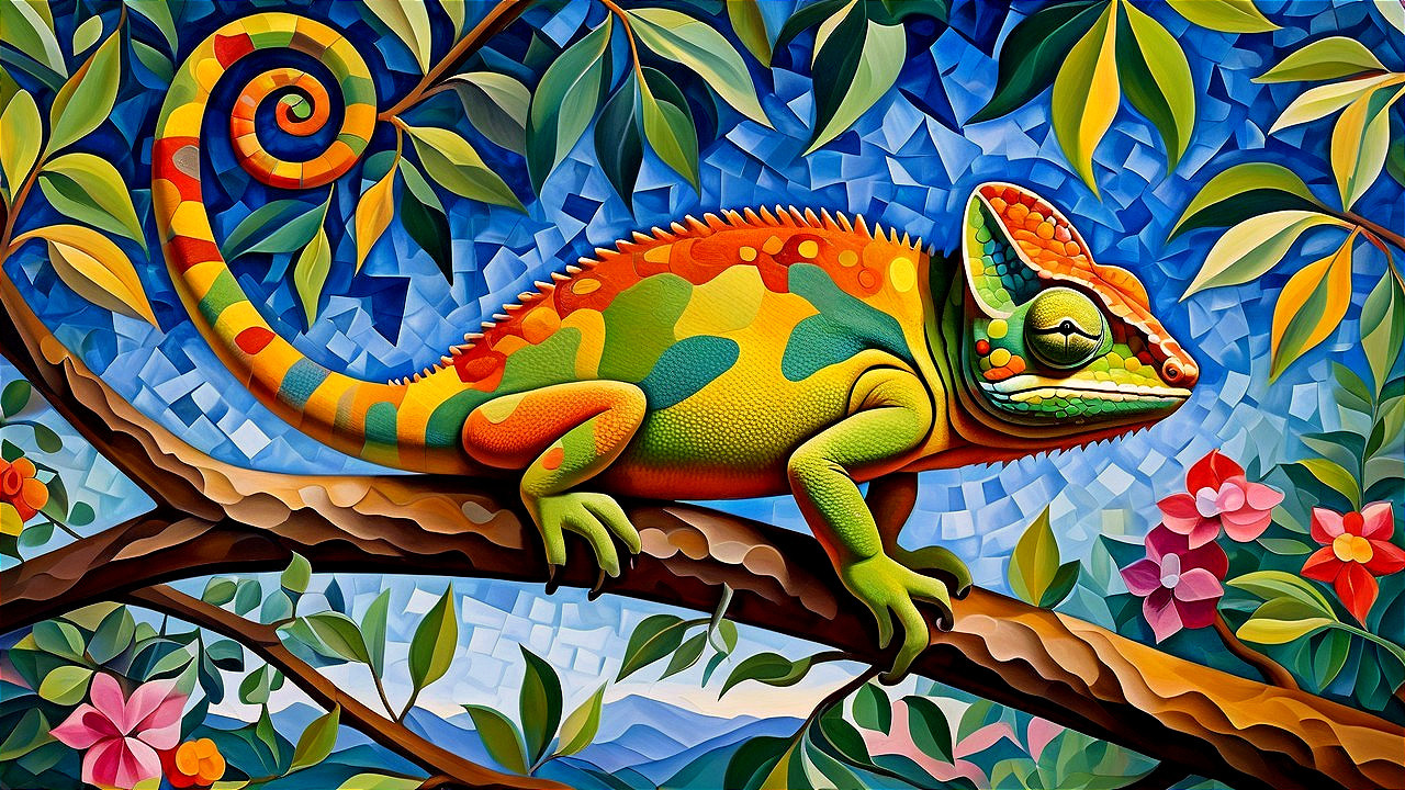 Stylized Chameleon on Branch with Colorful Foliage
