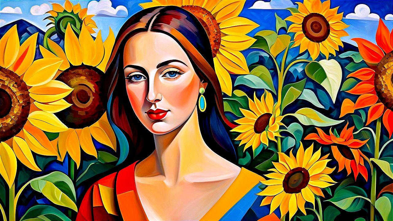 Colorful Painting of Woman Among Bright Sunflowers