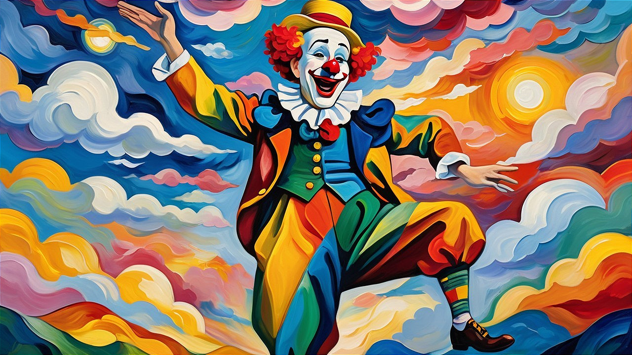 Colorful Painting of a Joyful Clown in Playful Pose