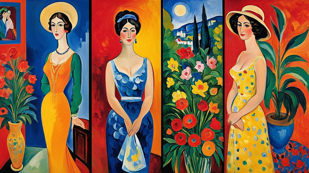 Colorful Four-Panel Painting of Stylish Women and Flowers