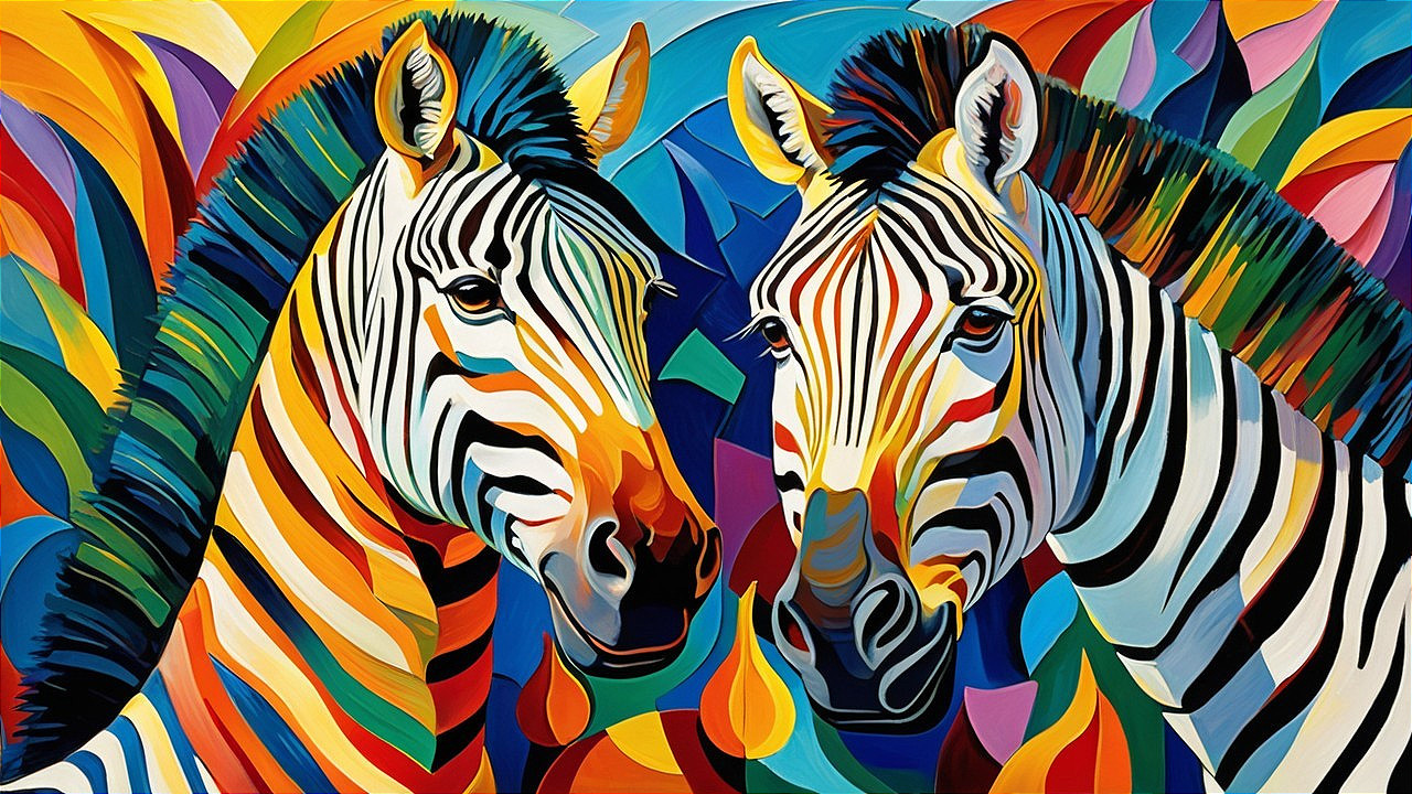 Colorful Abstract Artwork of Two Vibrant Zebras