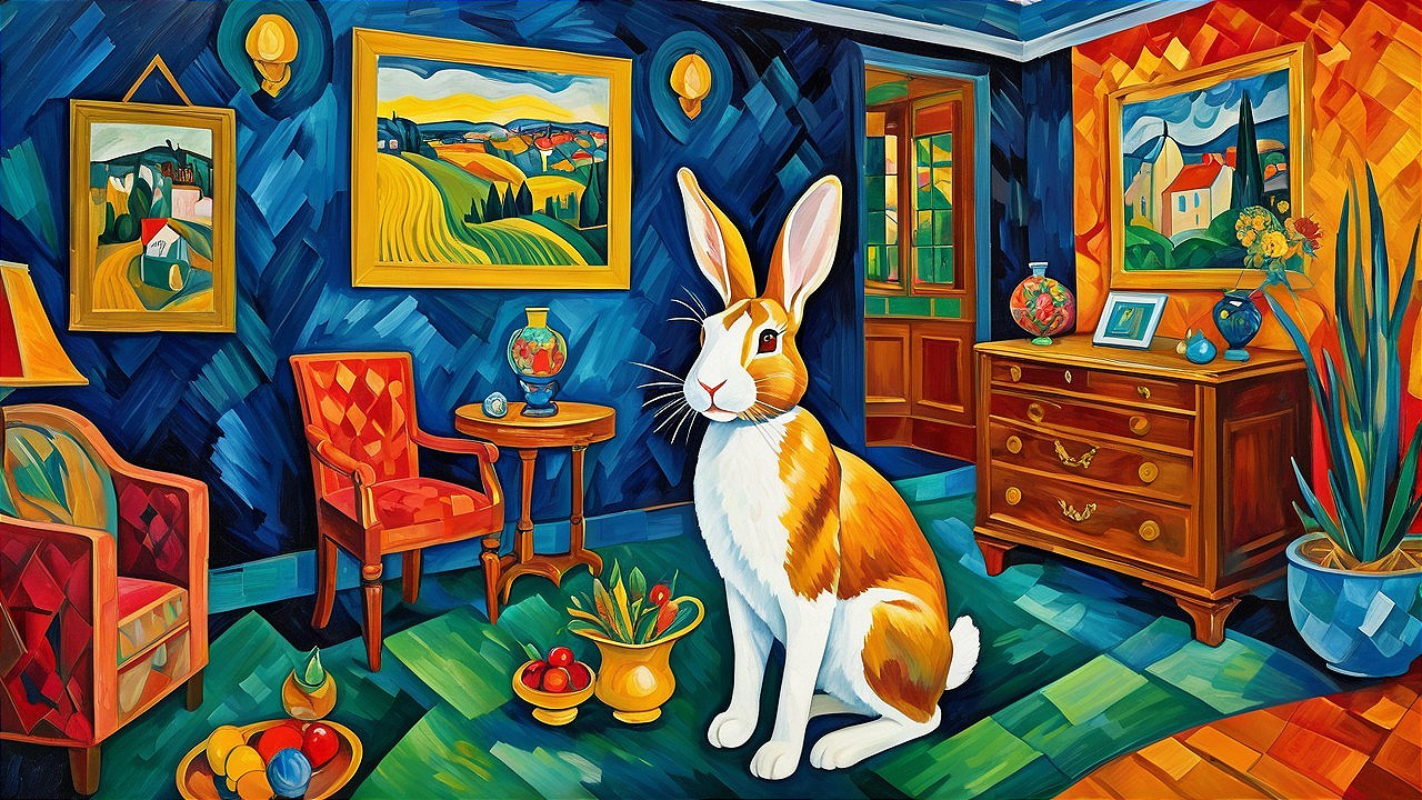 Colorful Interior Scene with Stylized Rabbit and Art
