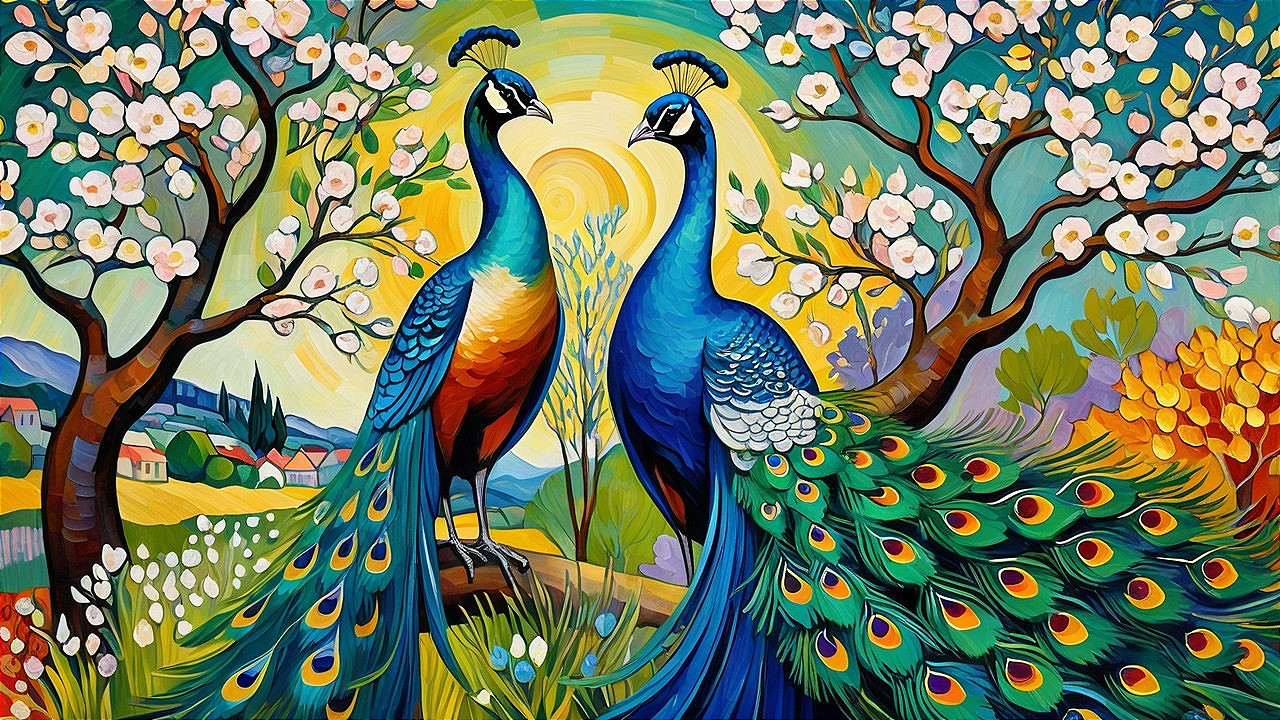 Vibrant Peacocks in a Lush Natural Landscape