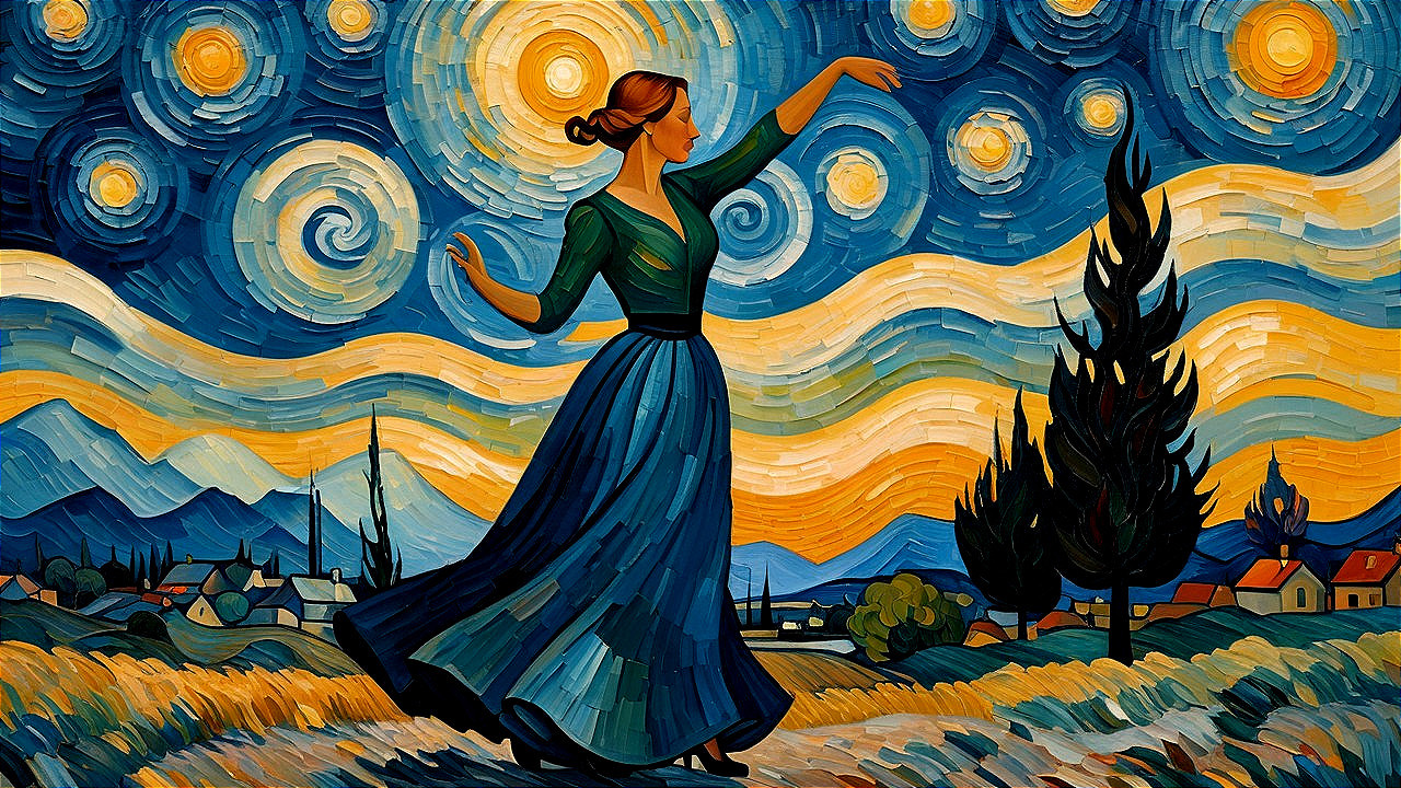 Woman Dancing in a Swirling Night Sky Artwork