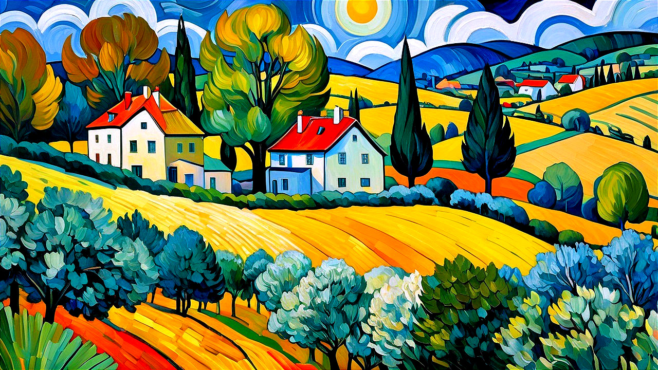 Vibrant Landscape Painting of Rolling Hills and Houses