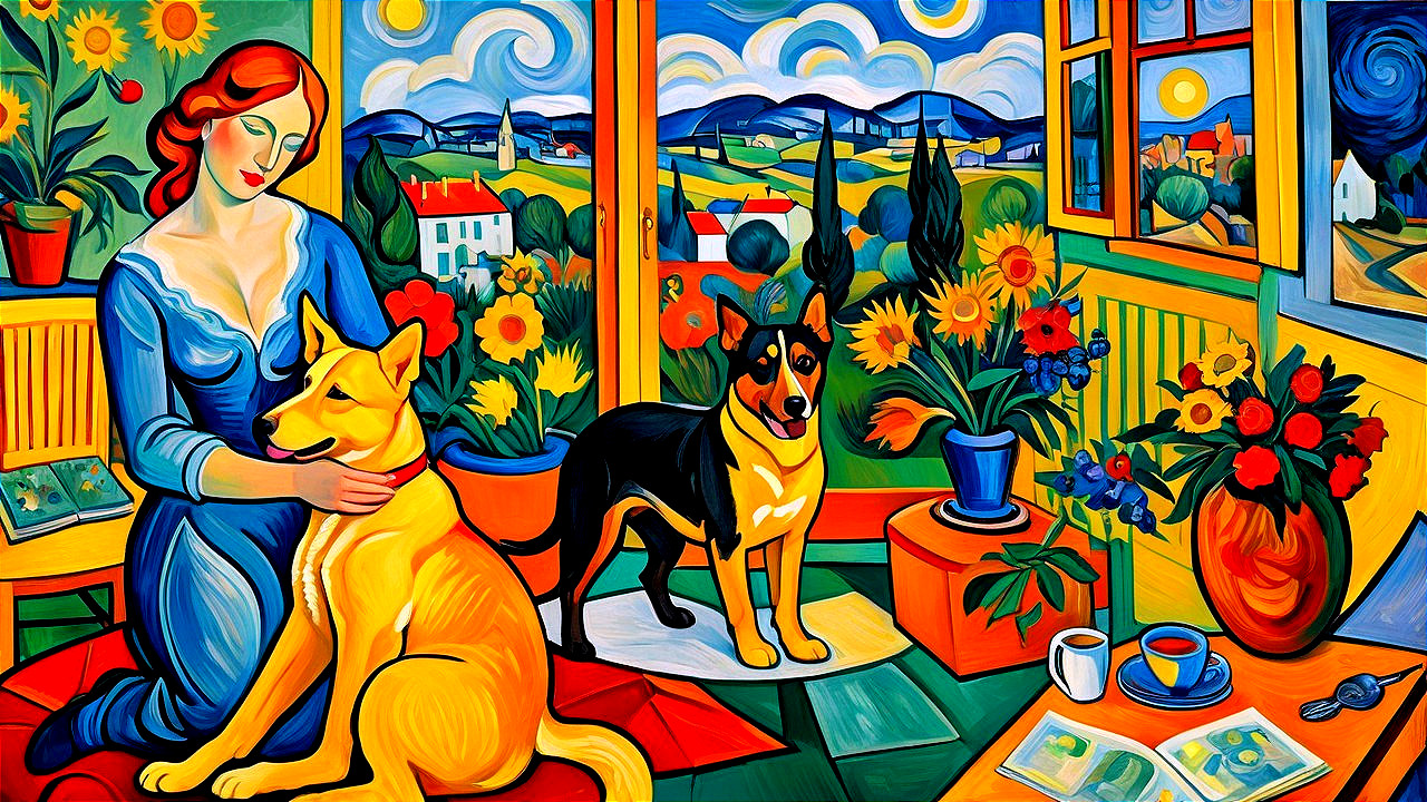 Vibrant scene of a woman with red hair and dogs