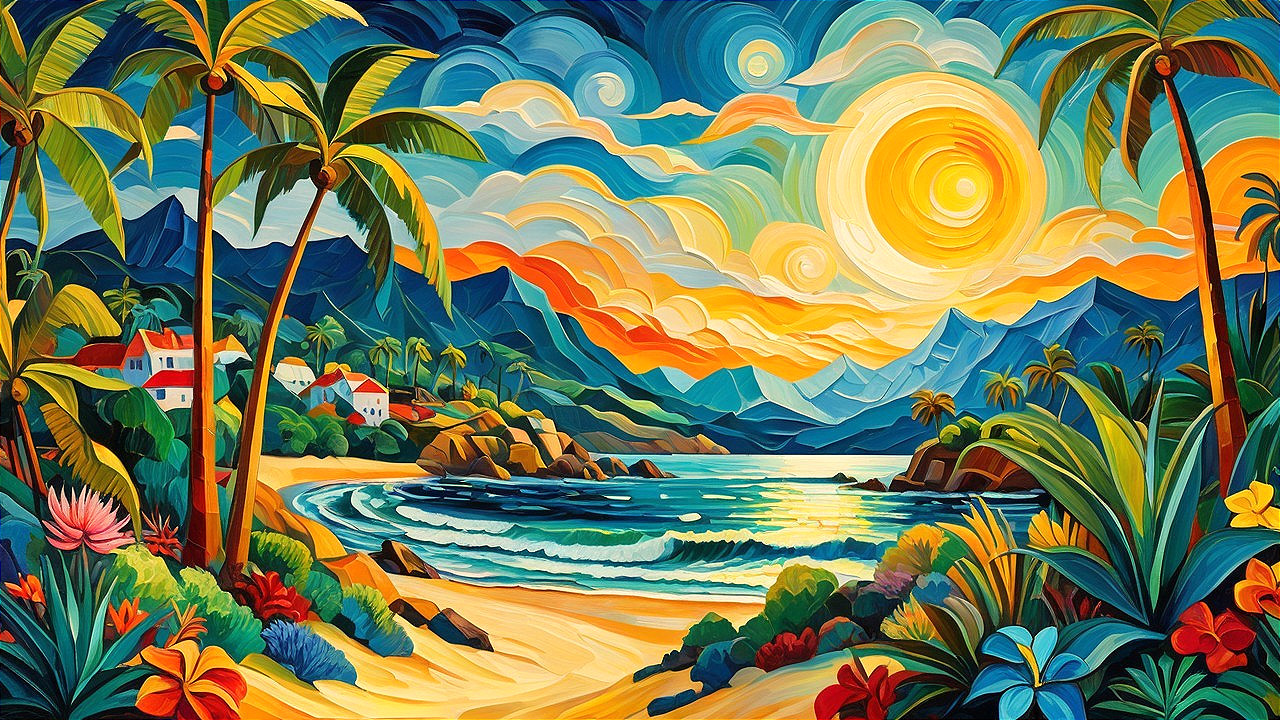 Vibrant Tropical Landscape with Beach and Mountains