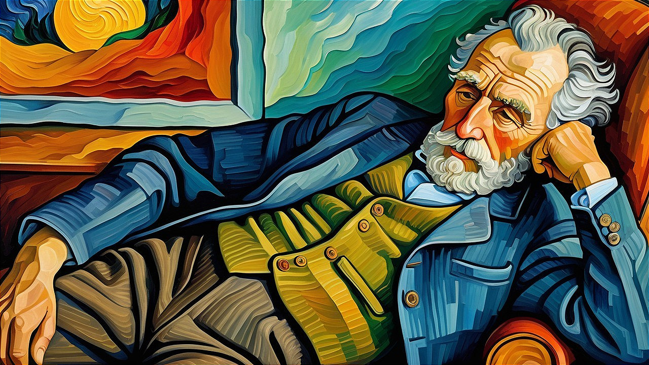 Elderly Man in Contemplation with Vibrant Background