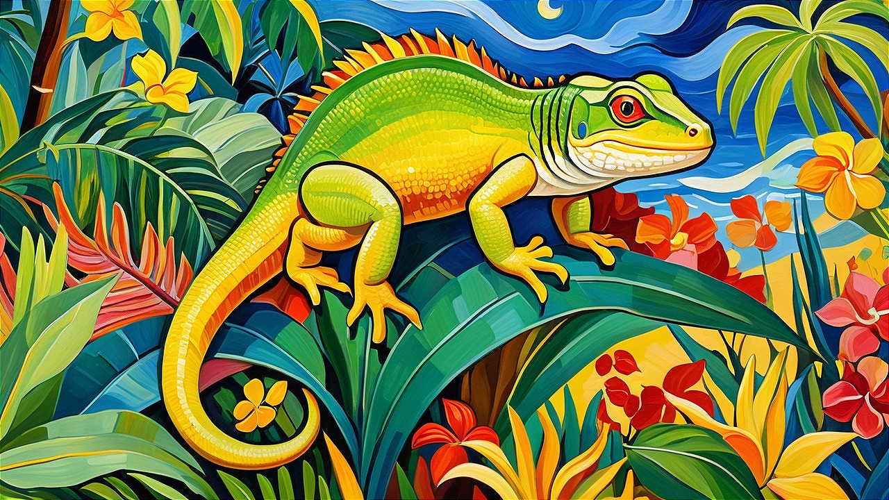 Vibrant Illustration of a Green Lizard in Rainforest