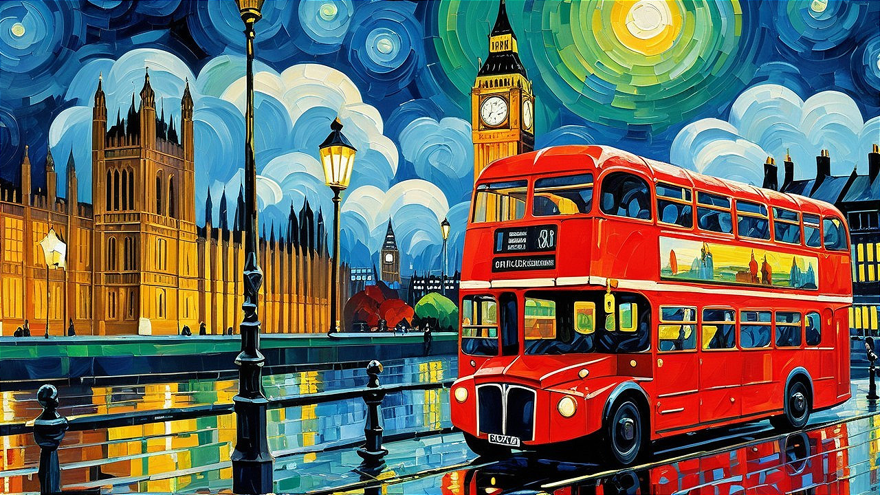 Vibrant Painting of Double-Decker Bus by Thames