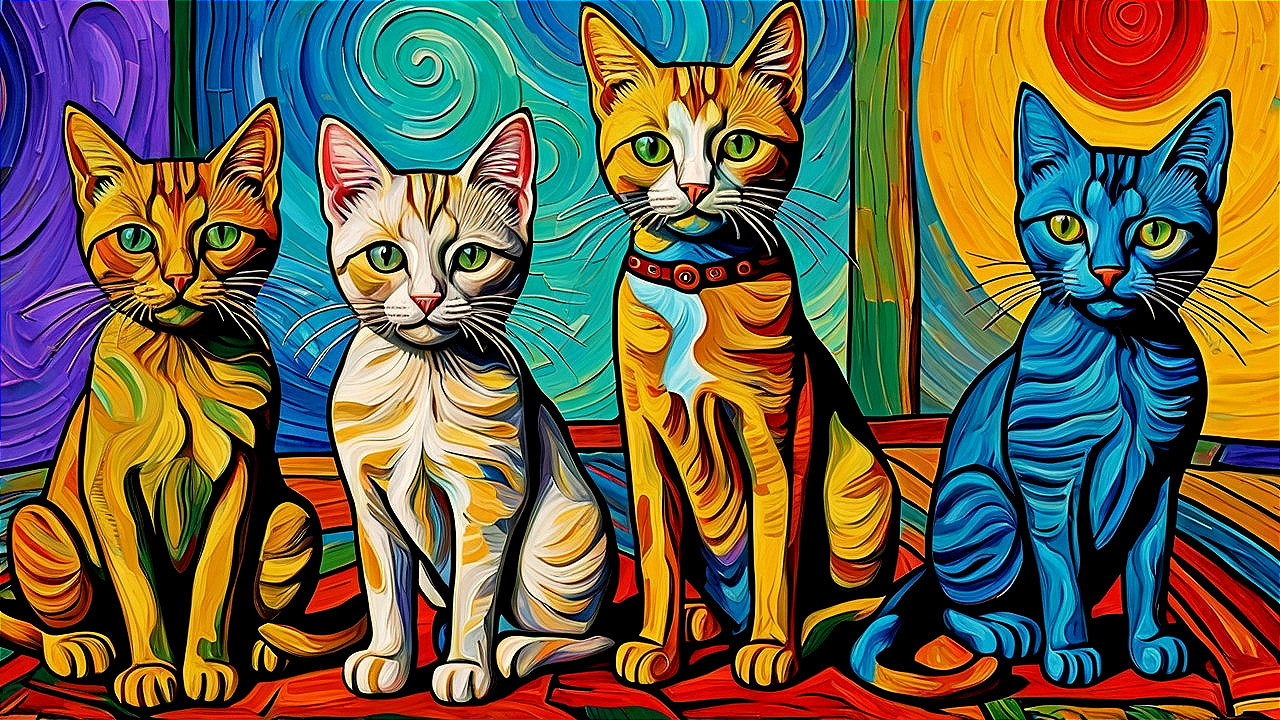 Colorful Artwork of Four Stylized Cats Together
