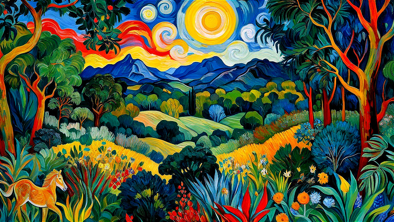 Fauvist Landscape with Vibrant Colors and Horse