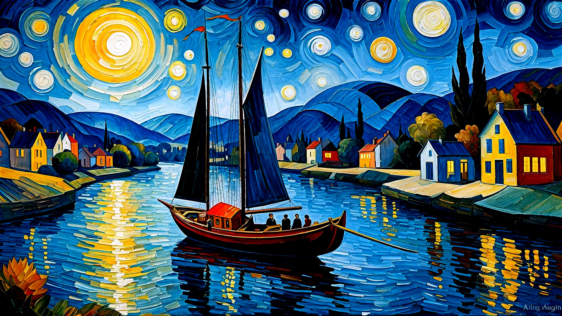 Serene River Scene with Sailboat Under Starry Sky