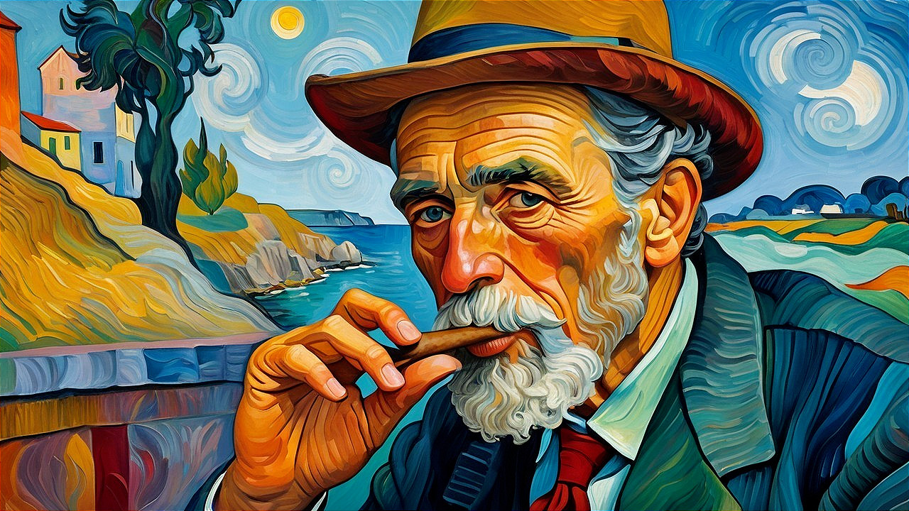 Elderly Man with Cigar in Vibrant Landscape Scene
