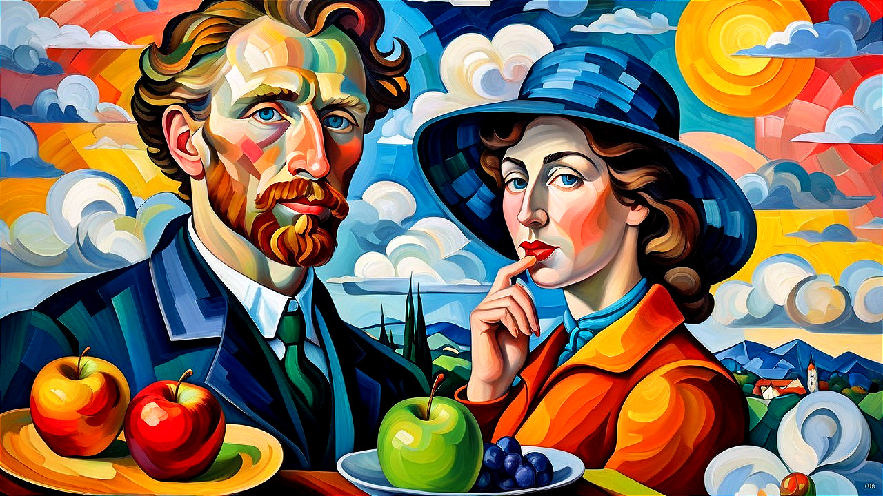 Colorful Painting of Man and Woman with Fruit and Sun
