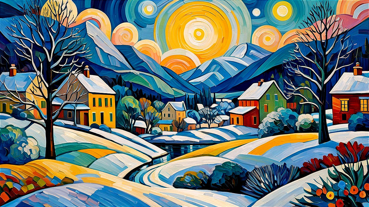 Impressionistic Landscape with Vibrant Sky and Mountains