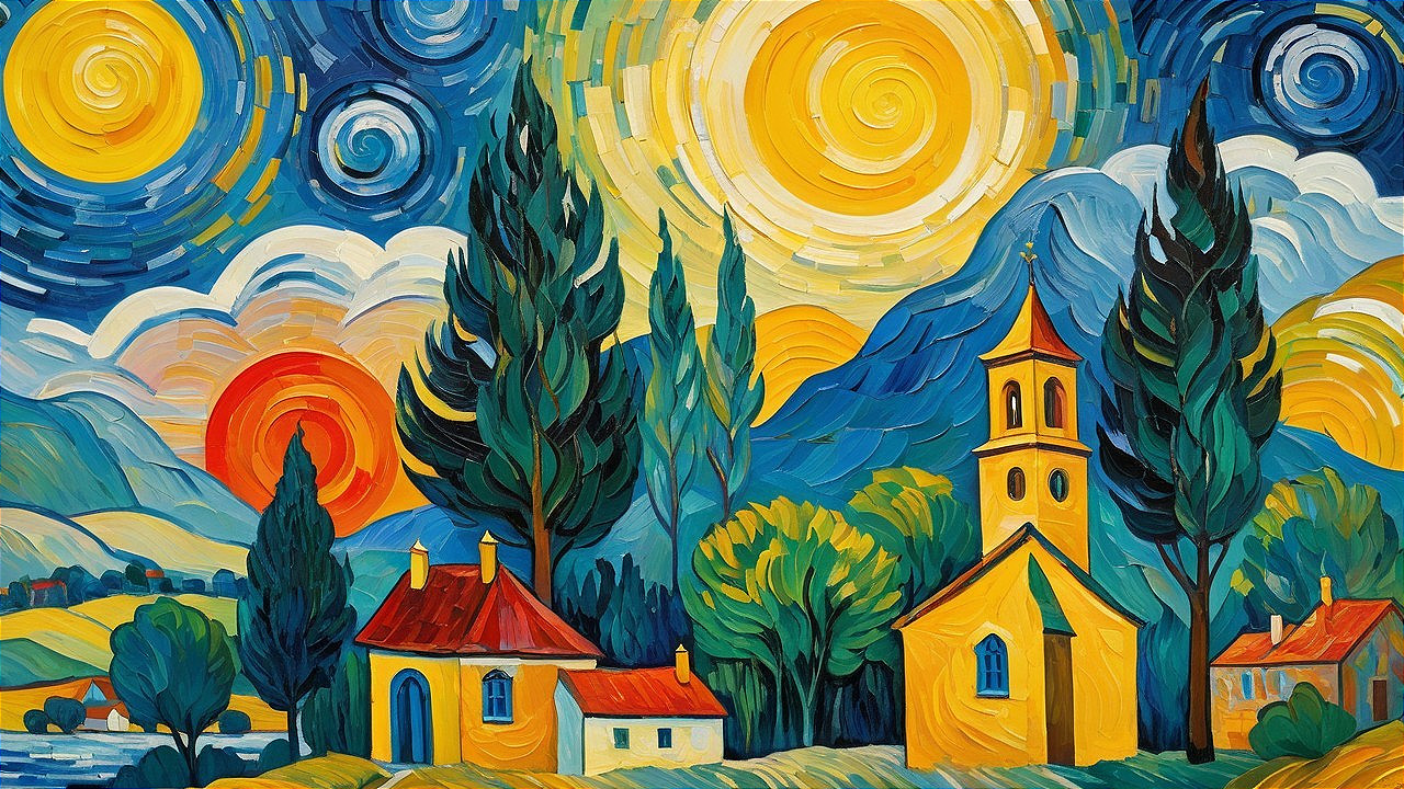 Vibrant Landscape with Bold Colors and Tranquil Scene