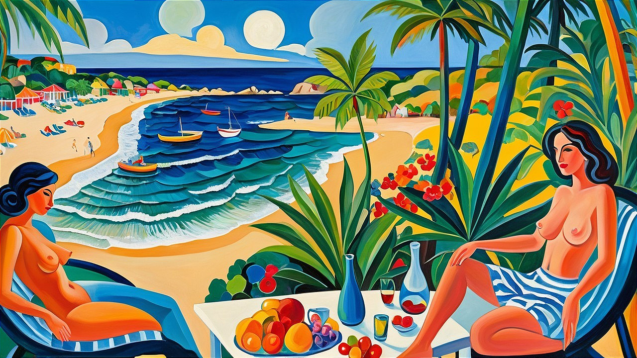 Tropical Scene with Women, Fruits, and Beach View