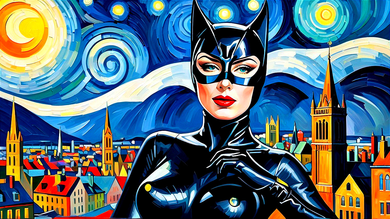 Stylized Feline Character Against Colorful Sky Backdrop