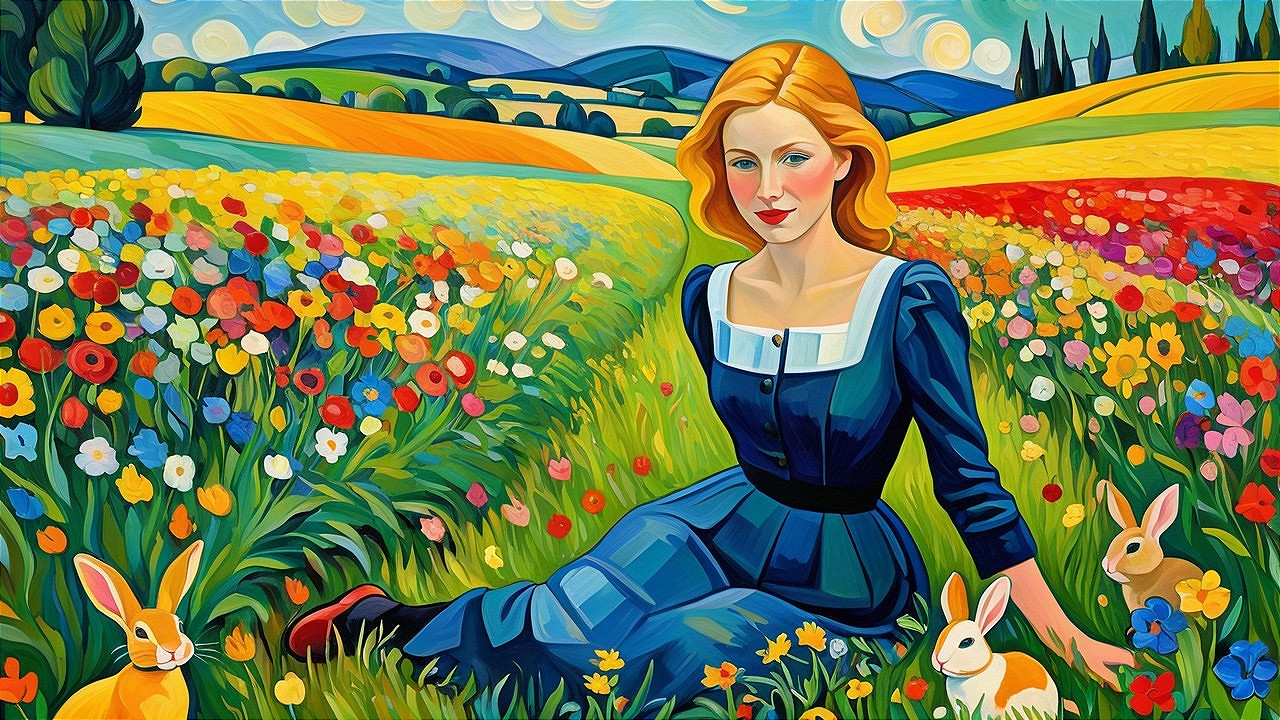 Colorful Landscape with Woman and Blooming Flowers