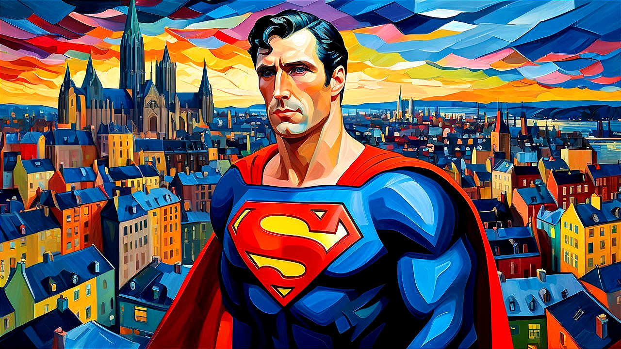 Heroic Figure in Blue Suit Against Sunset Skyline