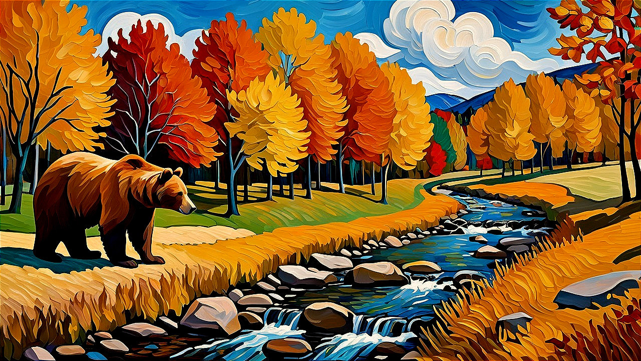 Vibrant Autumn Landscape with Bear by Serene Stream