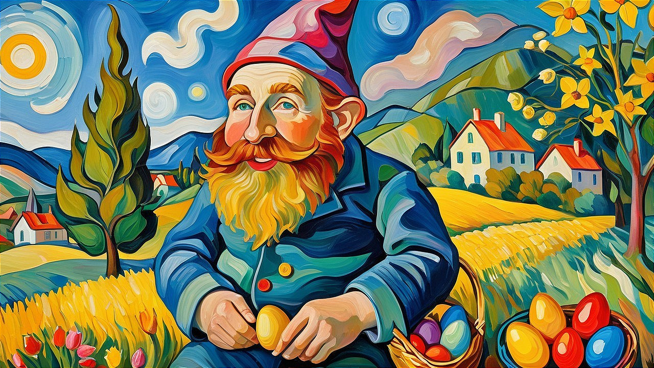 Cheerful Gnome with Colorful Eggs in Vibrant Landscape