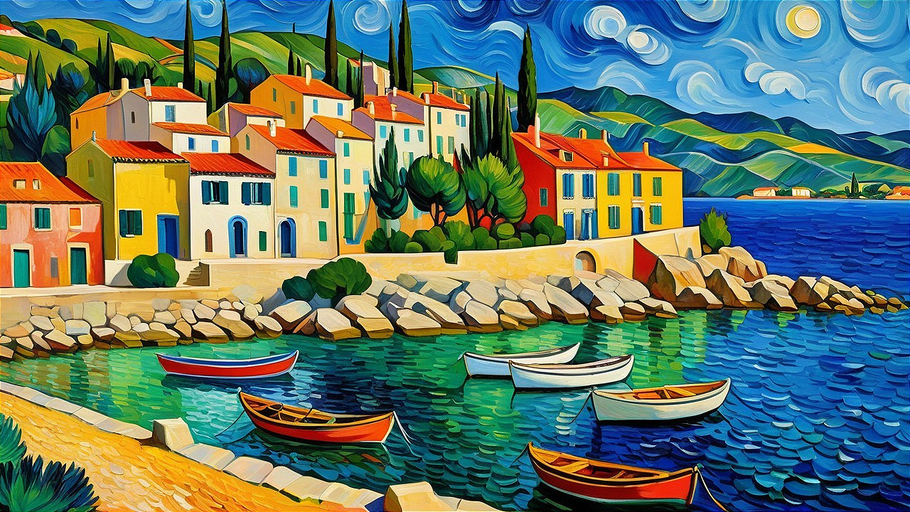 Vibrant Coastal Scene with Colorful Houses and Boats