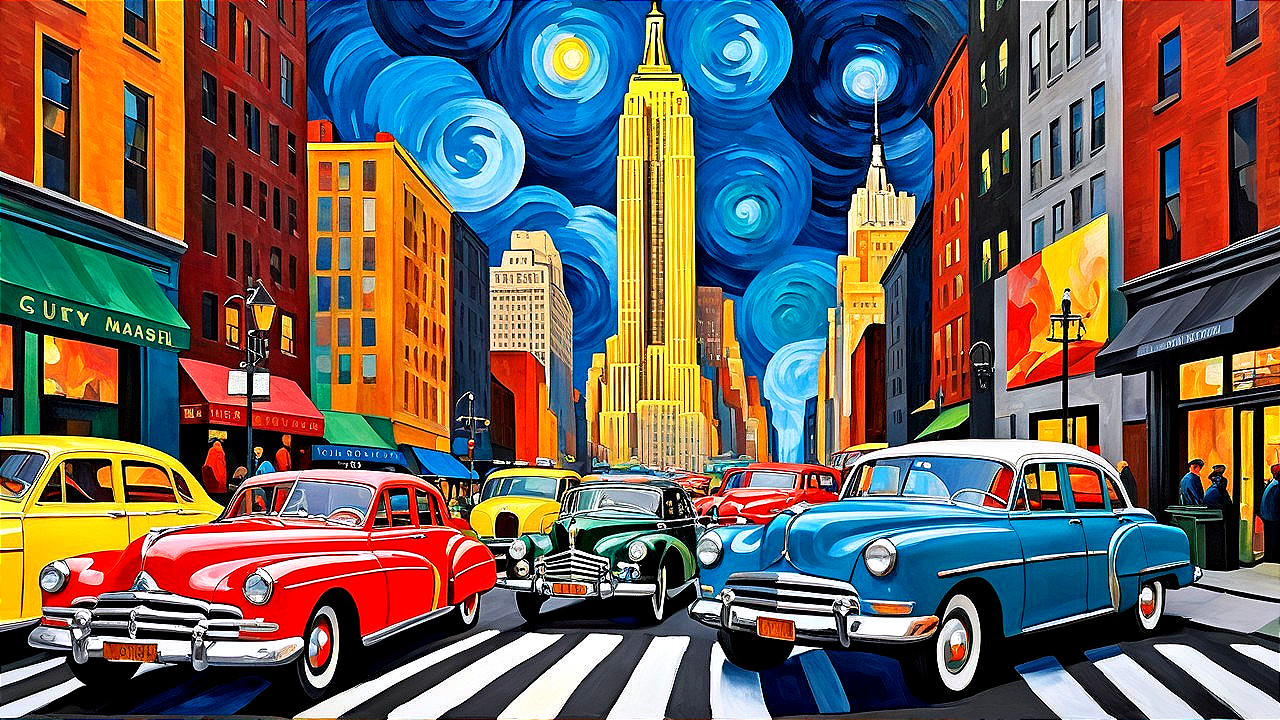 Vibrant City Scene with Vintage Cars and Empire State Building