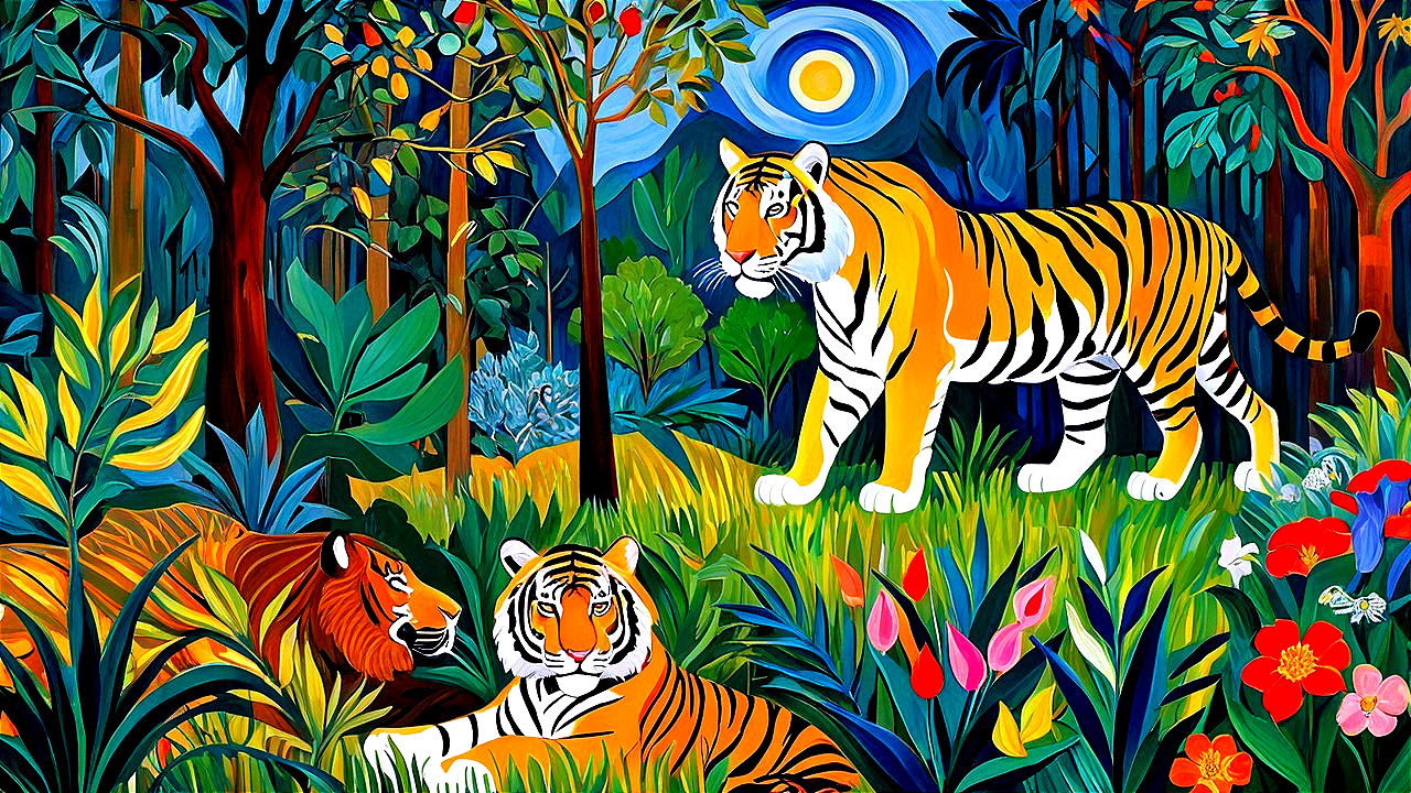 Three Tigers in a Colorful Jungle Landscape
